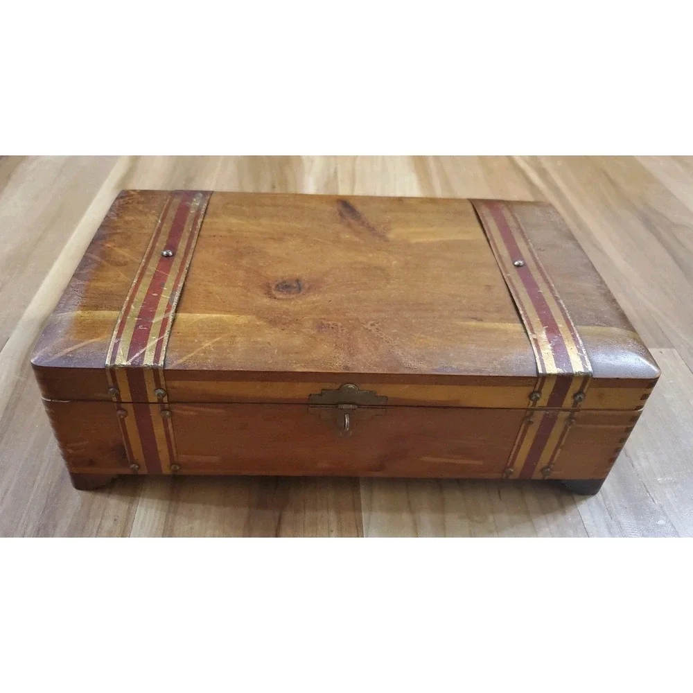 Vintage Rustic Wood Trinket Box Flat Top Storage Chest Striped Metal